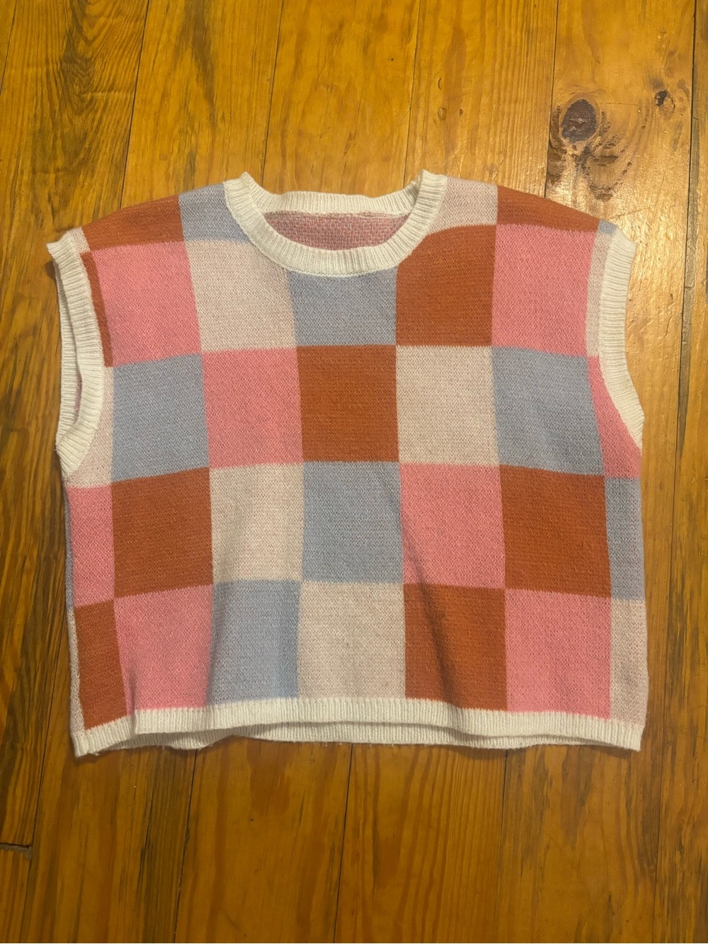 Colorblock Checker Knit Cropped Sweater Vest - Pink, Blue, Rust